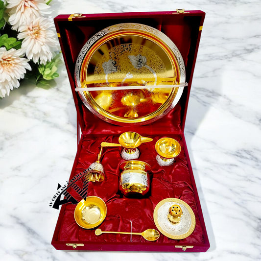 Brass Gold & Silver Plated Pooja Thali Set