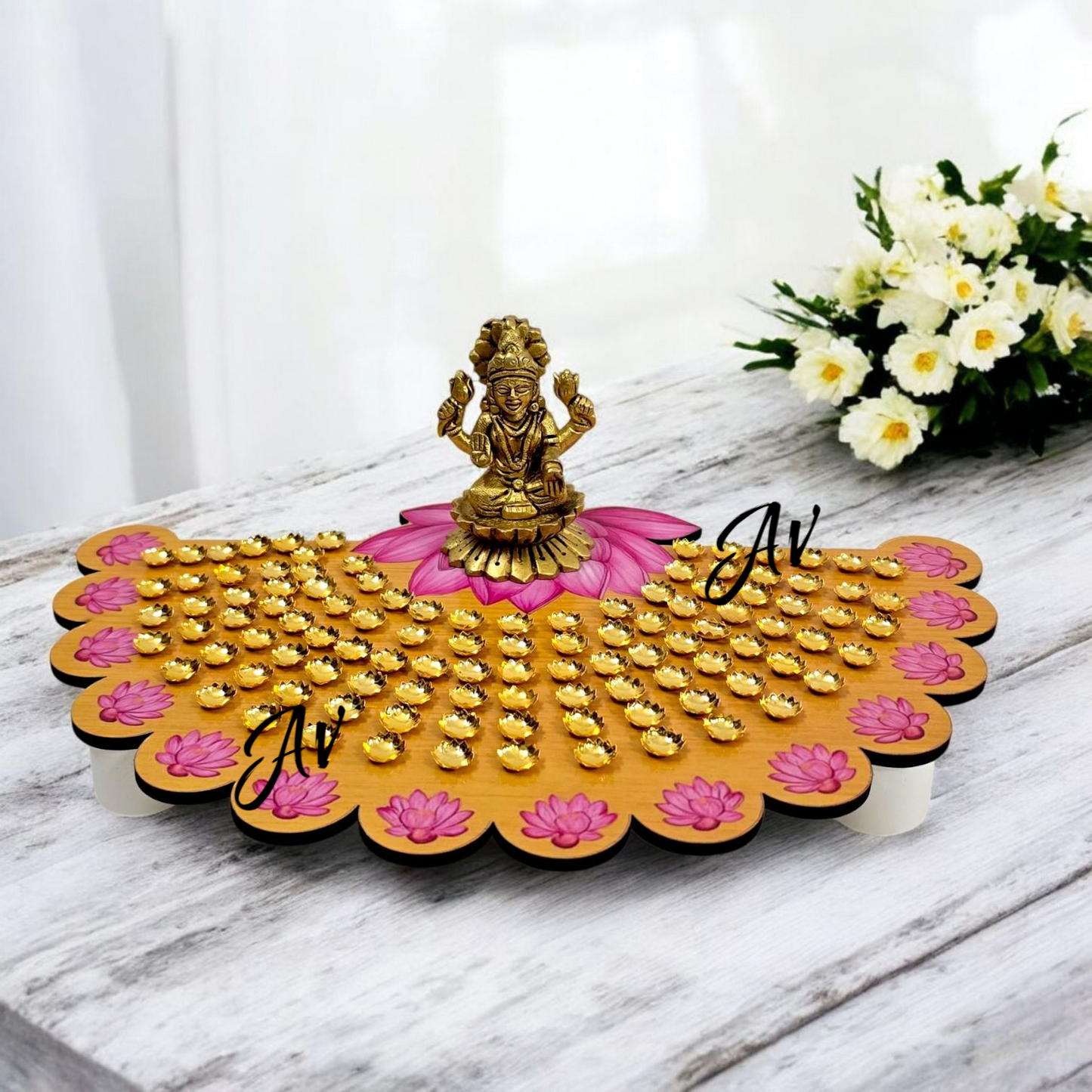 MDF 108 flowers Ashtotaram Stand with 108 Flowers and Brass Lakshmi ji