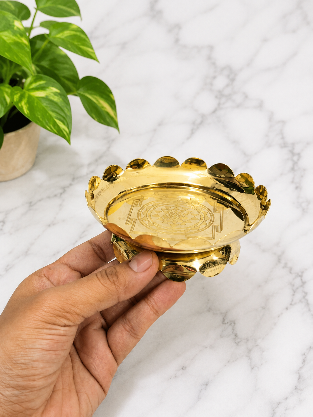 Premium Light Weighted Brass Lotus Stand with Engraved Shri Yantra Design
