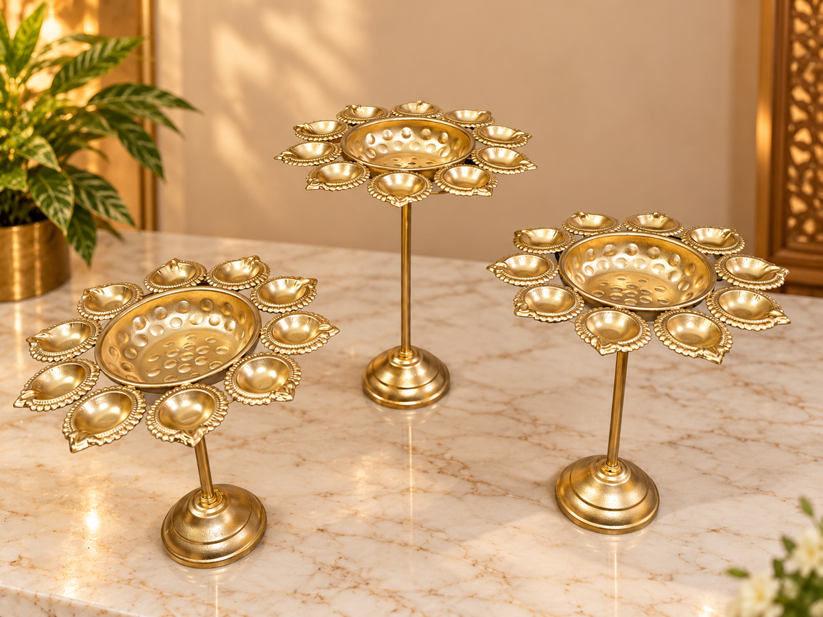 Diya Urli Stand Set of 3 – Iron Decorative Urli Set for Diwali & Festive Home Décor