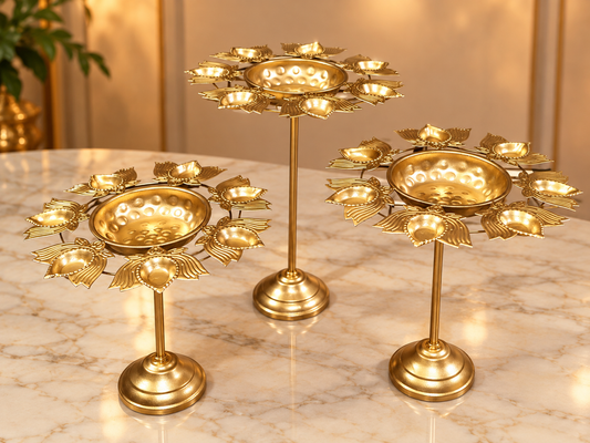 Lotus Diya Urli Stand Set of 3 – Iron Decorative Urli Set for Diwali & Festive Home Décor