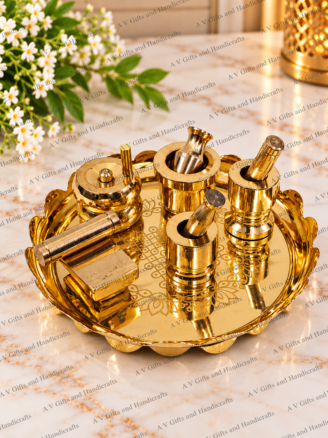 Brass Gowri Set with Kolam Lotus Stand – Traditional Pooja Decor