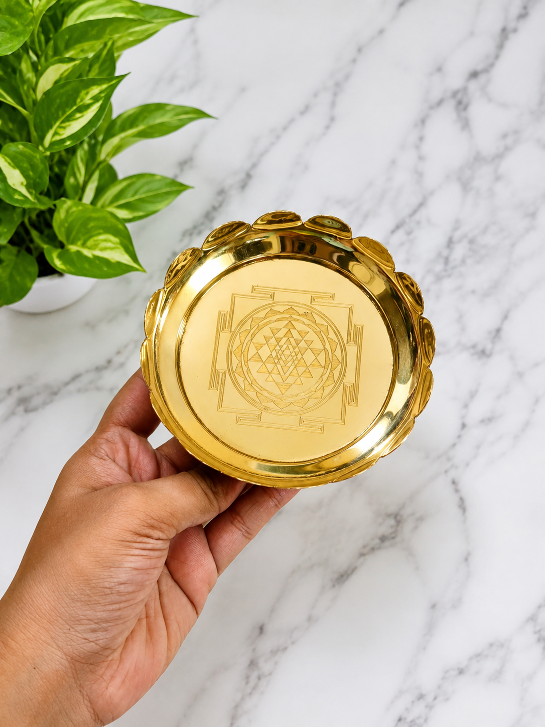 Premium Light Weighted Brass Lotus Stand with Engraved Shri Yantra Design