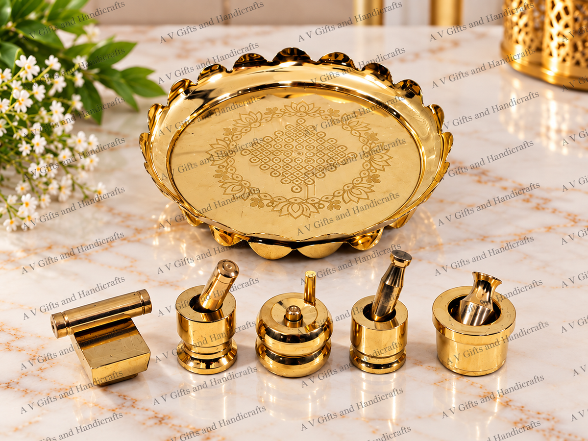 Brass Gowri Set with Kolam Lotus Stand – Traditional Pooja Decor